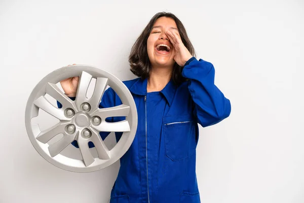 Hispanic Pretty Girl Feeling Stressed Anxious Tired Frustrated Car Mechanic — Stock Fotó