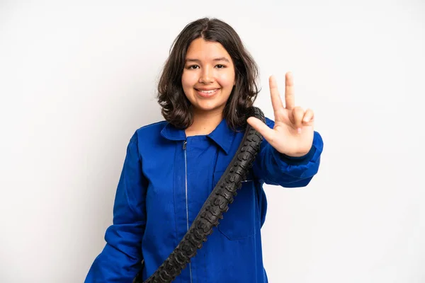 Hispanic Pretty Girl Smiling Looking Friendly Showing Number Four Bike — 图库照片