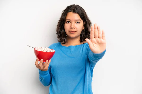 Hispanic Pretty Girl Feeling Stressed Anxious Scared Hands Head Breakfast —  Fotos de Stock