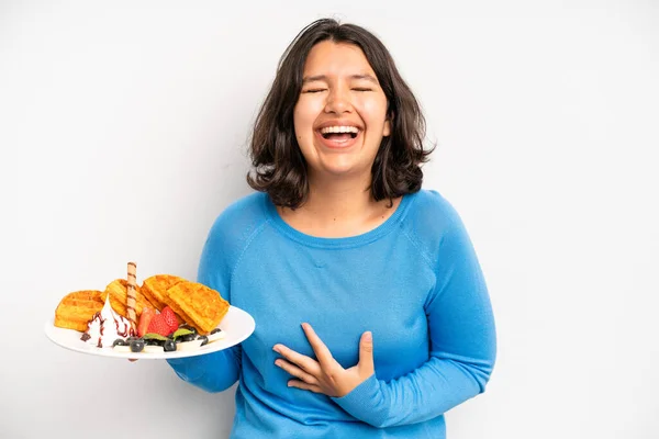 Hispanic Pretty Girl Pointing Camera Choosing You Waffles Breakfast Concept — Fotografie, imagine de stoc