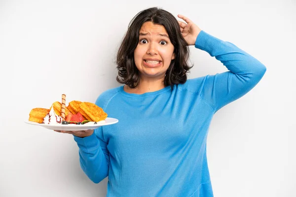 Hispanic Pretty Girl Looking Happy Astonished Surprised Waffles Breakfast Concept — Stockfoto