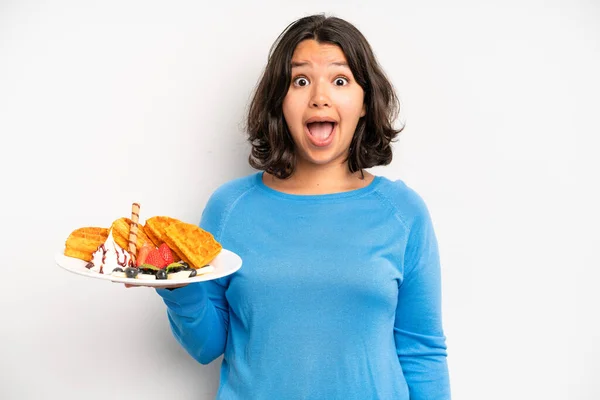 Hispanic Pretty Girl Feeling Happy Pointing Self Excited Waffles Breakfast — Photo