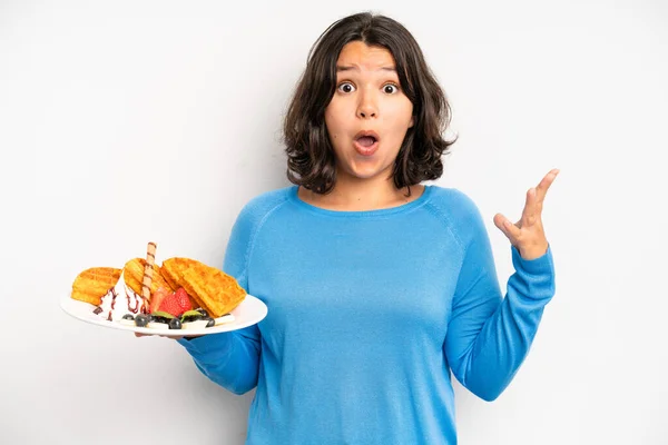 Hispanic Pretty Girl Covering Mouth Hands Shocked Waffles Breakfast Concept — Stok fotoğraf