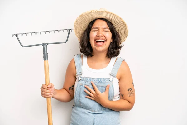 Hispanic Pretty Girl Pointing Camera Choosing You Farmer Rake Concept —  Fotos de Stock