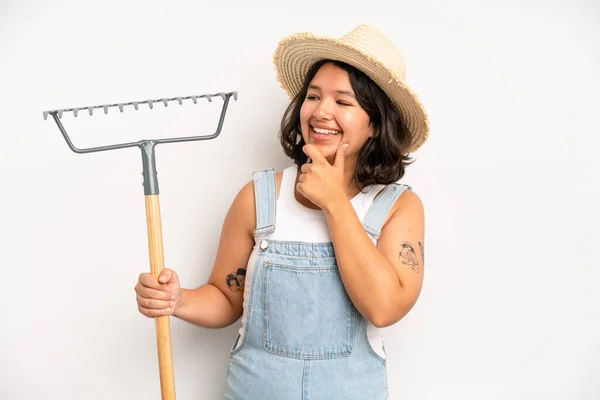 Hispanic Pretty Girl Feeling Shocked Laughing Celebrating Success Farmer Rake —  Fotos de Stock
