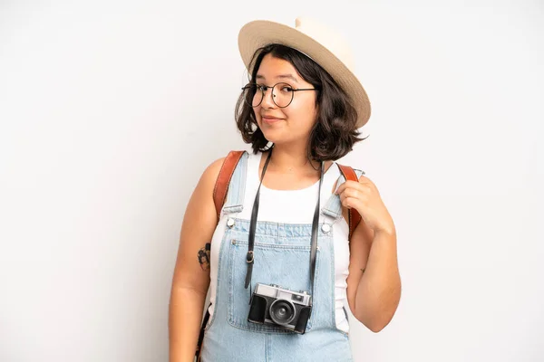 Hispanic Pretty Girl Looking Arrogant Successful Positive Proud Photographer Concept — Stockfoto