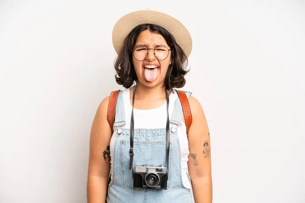 Hispanic Pretty Girl Feeling Disgusted Irritated Tongue Out Photographer Concept — Zdjęcie stockowe