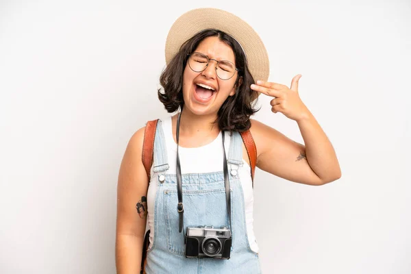 Hispanic Pretty Girl Looking Unhappy Stressed Suicide Gesture Making Gun — Fotografia de Stock