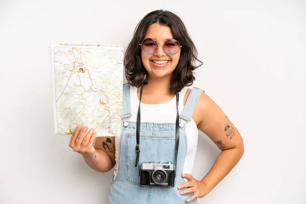 Hispanic Pretty Girl Smiling Happily Hand Hip Confident Tourist Map — Zdjęcie stockowe