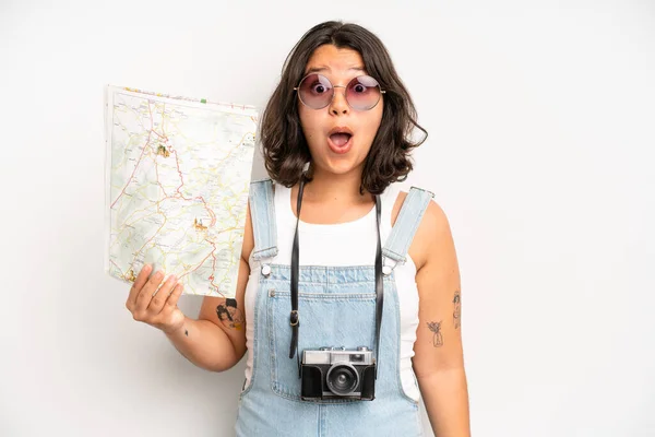 Hispanic Pretty Girl Looking Very Shocked Surprised Tourist Map Concept — Photo