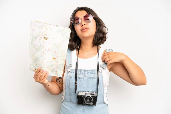 Hispanic Pretty Girl Feeling Stressed Anxious Tired Frustrated Tourist Map — Zdjęcie stockowe