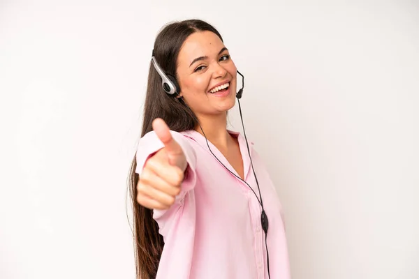 Hispanic Pretty Woma Looking Excited Surprised Pointing Side Telemarketer Concept — Stock Photo, Image