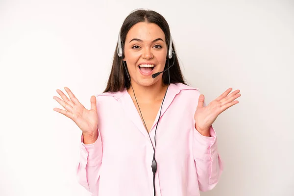 Hispanic Pretty Woma Feeling Shocked Scared Telemarketer Concept — Fotografia de Stock