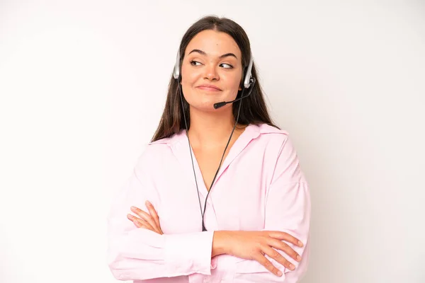 Hispanic Pretty Woma Looking Desperate Frustrated Stressed Telemarketer Concept — Stockfoto