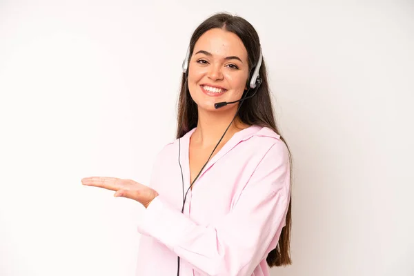 Hispanic Pretty Woma Feeling Extremely Shocked Surprised Telemarketer Concept — Fotografia de Stock