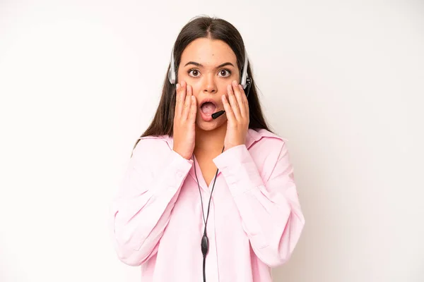 Hispanic Pretty Woma Feeling Shocked Laughing Celebrating Success Telemarketer Concept — Foto Stock