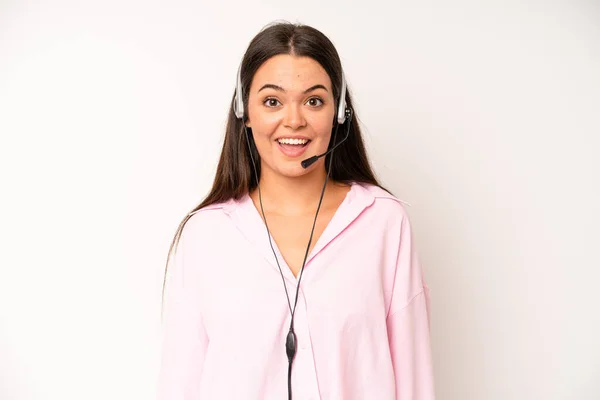 Hispanic Pretty Woma Feeling Happy Pointing Self Excited Telemarketer Concept — Stockfoto
