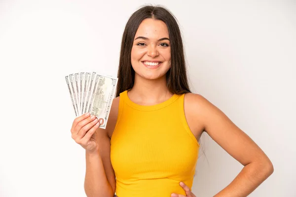 Hispanic Pretty Woma Smiling Looking Friendly Showing Number Two Dollar —  Fotos de Stock