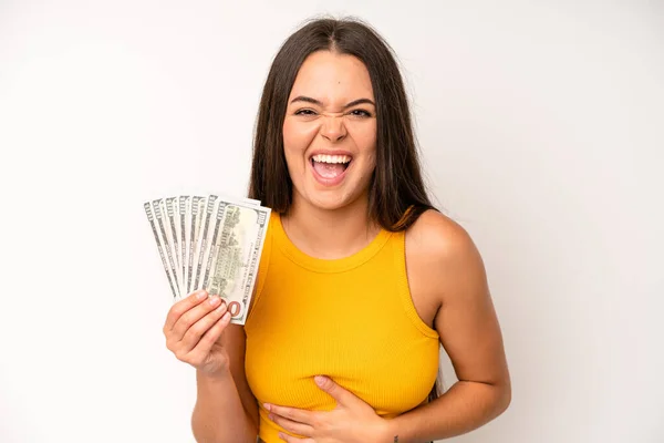 Hispanic Pretty Woma Smiling Cheerfully Feeling Happy Pointing Side Dollar — 스톡 사진