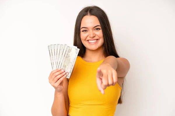 Hispanic Pretty Woma Smiling Cheerfully Feeling Happy Showing Concept Dollar — Foto Stock