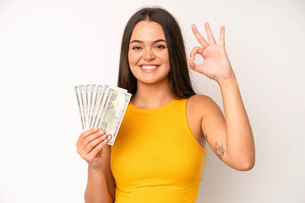 Hispanic Pretty Woma Making Capice Money Gesture Telling You Pay — Foto Stock