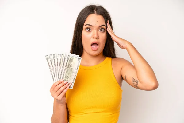 Hispanic Pretty Woma Looking Angry Annoyed Frustrated Dollar Banknotes Concept — Stockfoto