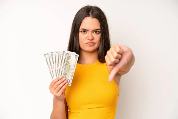 Hispanic Pretty Woma Looking Arrogant Successful Positive Proud Dollar Banknotes — Foto Stock