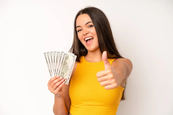 Hispanic Pretty Woma Looking Excited Surprised Pointing Side Dollar Banknotes — Foto de Stock