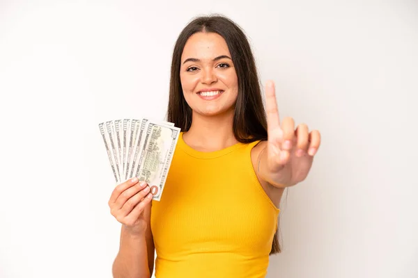 Hispanic Pretty Woma Feeling Puzzled Confused Dollar Banknotes Concept — Stockfoto