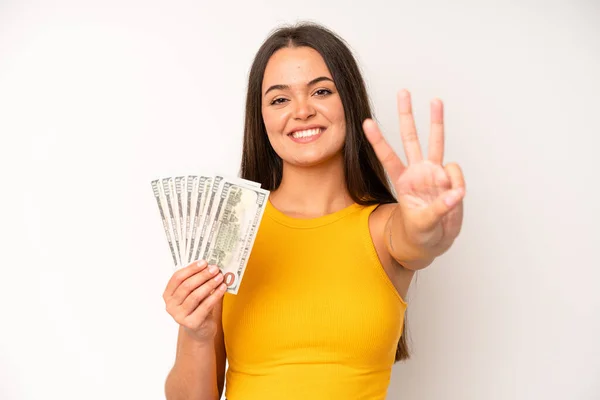 Hispanic Pretty Woma Screaming Hands Air Dollar Banknotes Concept — ストック写真