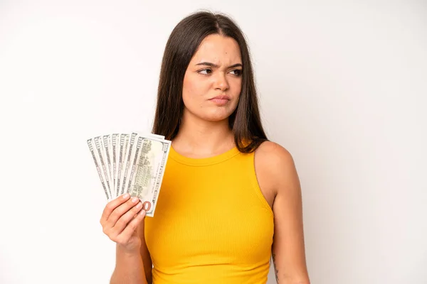 Hispanic Pretty Woma Covering Mouth Hands Shocked Dollar Banknotes Concept — Foto Stock