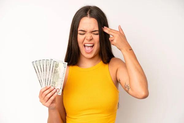 Hispanic Pretty Woma Feeling Cross Showing Thumbs Dollar Banknotes Concept — Foto Stock