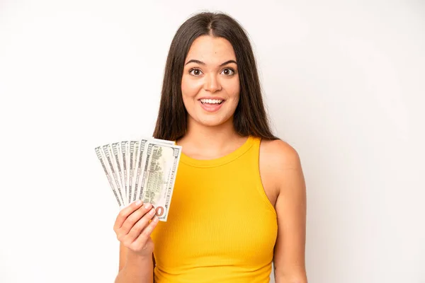 Hispanic Pretty Woma Feeling Happy Pointing Self Excited Dollar Banknotes — Stockfoto