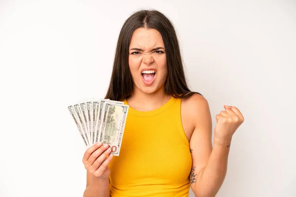 Hispanic Pretty Woma Shrugging Feeling Confused Uncertain Dollar Banknotes Concept — Stockfoto