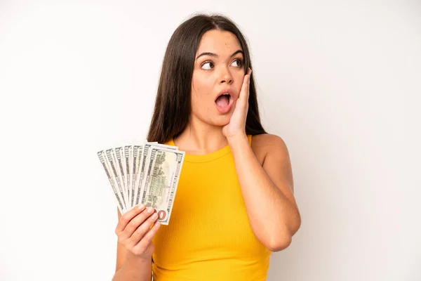 Hispanic Pretty Woma Feeling Stressed Anxious Tired Frustrated Dollar Banknotes — Foto de Stock