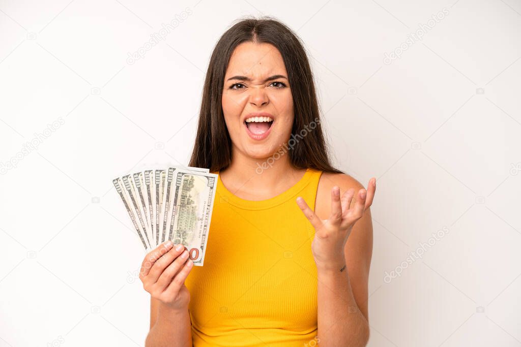 hispanic pretty woma smiling happily with friendly and  offering and showing a concept. dollar banknotes concept