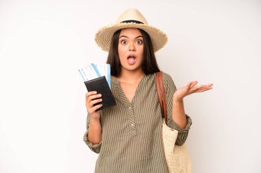 hispanic pretty woma feeling angry, annoyed, rebellious and aggressive. travel and summer concept