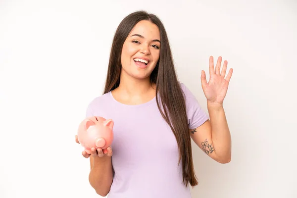 Hispanic Pretty Woma Looking Happy Pleasantly Surprised Piggy Bank Savings — Fotografia de Stock