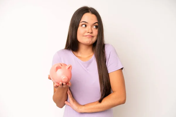 Hispanic Pretty Woma Looking Desperate Frustrated Stressed Piggy Bank Savings — 스톡 사진