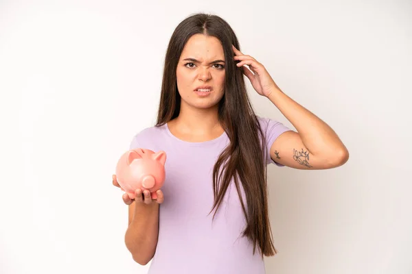 Hispanic Pretty Woma Feeling Bored Frustrated Sleepy Tiresome Piggy Bank — Stock fotografie