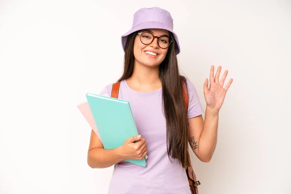 Hispanic Pretty Woma Looking Happy Pleasantly Surprised University Student Concept — Stok fotoğraf