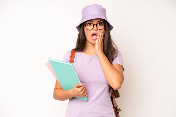 Hispanic Pretty Woma Feeling Shocked Laughing Celebrating Success University Student — Stock Photo, Image