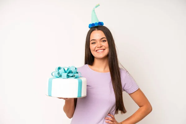 Hispanic Pretty Woma Smiling Looking Friendly Showing Number Two Birthday — Fotografia de Stock