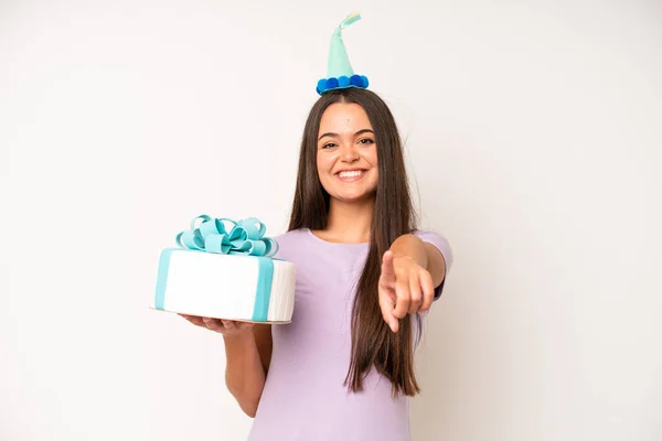 Hispanic Pretty Woma Smiling Cheerfully Feeling Happy Showing Concept Birthday — Stock fotografie