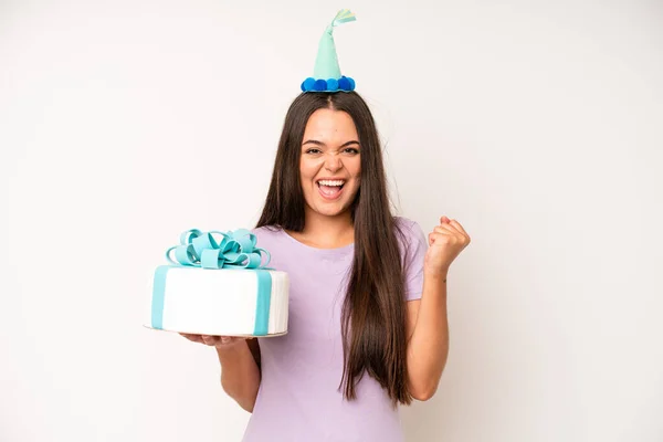 Hispanic Pretty Woma Profile View Thinking Imagining Daydreaming Birthday Cake — Stockfoto