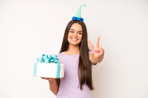 Hispanic Pretty Woma Smiling Confidently Pointing Own Broad Smile Birthday — Fotografia de Stock