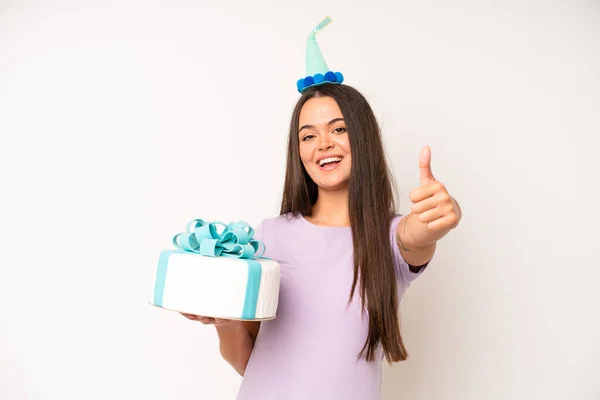 Hispanic Pretty Woma Looking Excited Surprised Pointing Side Birthday Cake — Stockfoto