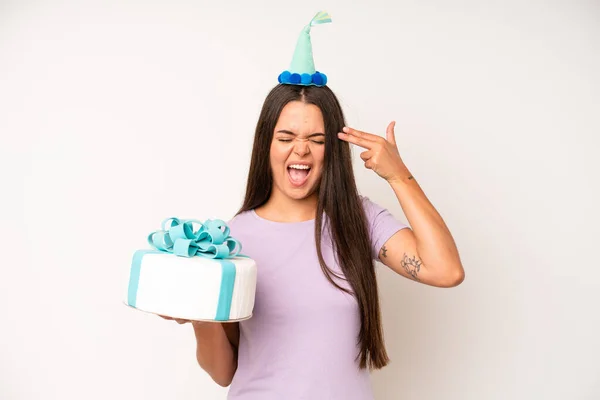 Hispanic Pretty Woma Feeling Cross Showing Thumbs Birthday Cake Celebration — Fotografia de Stock