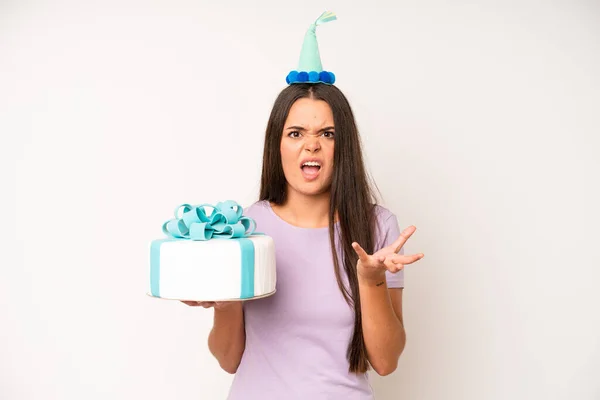 Hispanic Pretty Woma Smiling Happily Friendly Offering Showing Concept Birthday — Fotografia de Stock