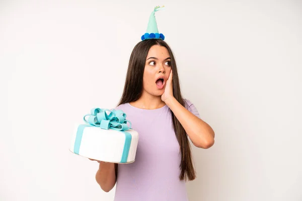 Hispanic Pretty Woma Feeling Stressed Anxious Tired Frustrated Birthday Cake — Stockfoto